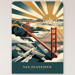 Poster San Francisco Art Déco, Golden Gate Idrovolante Clipper, Anni 30 California, Senza Cornice