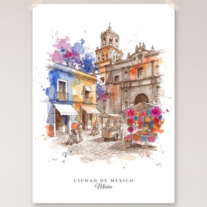 Poster Città del Messico Coyoacán, Case Colorate e Papel Picado, Schizzo Acquerello, Senza Cornice