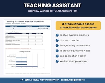 Teaching Assistant Interview Workbook UK, TA Interview Questions and Answers, Star Answer Planner, Safeguarding and SEND Prep, Job Tracker