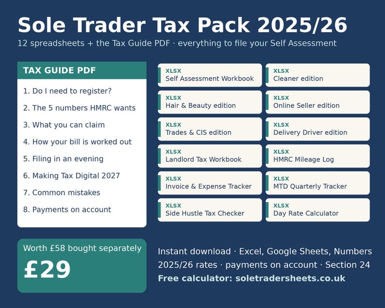 May include: A digital Sole Trader Tax Pack 2025/26 featuring a Tax Guide PDF with eight sections and twelve XLSX spreadsheets including Self Assessment, Hair & Beauty, Trades & CIS, Landlord, and Delivery Driver editions, plus an invoice tracker.