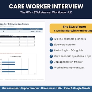 May include: A digital Care Worker Interview workbook for Excel and Google Sheets. The document features a 6Cs STAR answer builder, a job tracker, and a bar chart showing examples ready by value. It includes a list of 12 STAR example planners, a live word counter, a 6Cs guide, care scenario questions, and a job application tracker.
