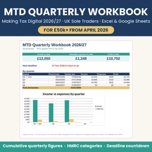 May include: A digital MTD Quarterly Workbook 2026/27 for UK sole traders, compatible with Excel and Google Sheets. The interface displays income, expenses, and profit data, a quarterly deadline tracker, and a bar chart comparing income versus expenses.