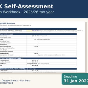 UK Self Assessment Spreadsheet 2025/26 for Sole Traders, Tax Estimate and Expense Tracker image 1