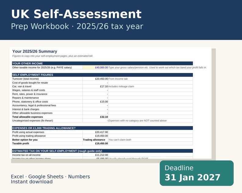 UK Self Assessment Spreadsheet 2025/26 for Sole Traders, Tax Estimate and Expense Tracker image 1