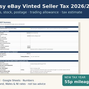 May include: A digital spreadsheet template titled Etsy eBay Vinted Seller Tax 2026/27. The document includes sections for self-employment figures, expenses, trading allowance, and estimated tax calculations for the 2026/27 tax year in England, Wales, and NI.