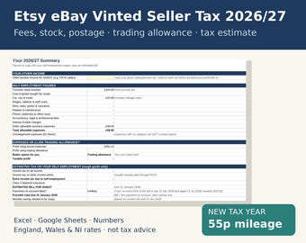 Etsy eBay Vinted Seller Tax Spreadsheet UK 2026/27, Self Assessment Template New Tax Year, Online Seller Income Expense Tracker