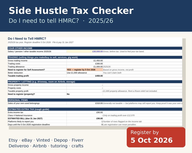 Side Hustle Tax Checker UK 2025/26, Do I Need to Tell HMRC? Etsy, eBay, Vinted Seller Spreadsheet image 1