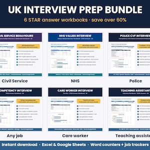 May include: A digital UK interview prep bundle featuring six STAR answer workbooks for Civil Service, NHS, Police, general competency, care worker, and teaching assistant roles. Includes Excel and Google Sheets with word counters and job trackers.