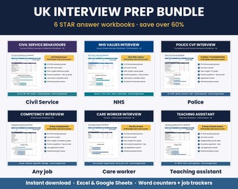 UK Interview Prep Bundle, 6 Interview Workbooks, Civil Service NHS Police Care Teaching Assistant, Star Method Answer Planner, Job Tracker
