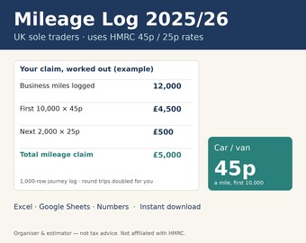 Mileage Log 2025/26 UK, 45p Business Mileage Claim Spreadsheet