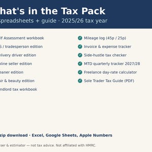May include: A digital tax pack for the 2025/26 tax year containing 12 spreadsheets and a guide. It includes a self-assessment workbook, mileage log, invoice tracker, and various editions for tradespeople, drivers, sellers, cleaners, and landlords.