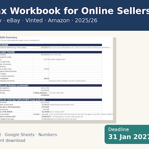May include: A Tax Workbook for Online Sellers for 2025/26, compatible with Etsy, eBay, Vinted, and Amazon. The document features a 2025/26 summary table with self-employment figures, tax calculations, and a deadline of 31 Jan 2027 for Excel, Google Sheets, and Numbers.