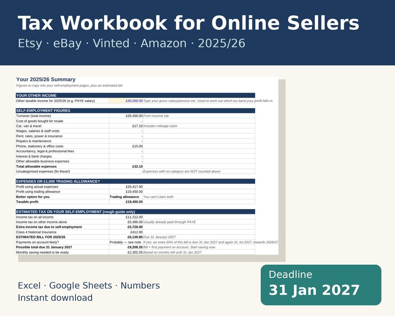 May include: A Tax Workbook for Online Sellers for 2025/26, compatible with Etsy, eBay, Vinted, and Amazon. The document features a 2025/26 summary table with self-employment figures, tax calculations, and a deadline of 31 Jan 2027 for Excel, Google Sheets, and Numbers.