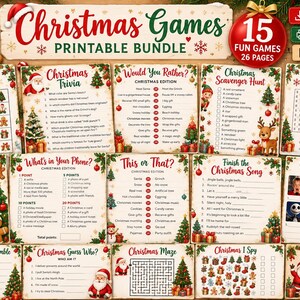 Peut inclure: Un ensemble de jeux de Noël imprimables comprenant 15 jeux amusants sur 26 pages. La collection inclut le Bingo, des anecdotes, des questions de choix, une chasse au trésor, des mots mêlés, des mimes, des quiz et des chansons à compléter.