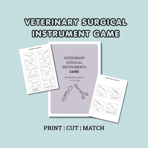 Può includere: Un set di gioco sugli strumenti chirurgici veterinari con una carta centrale viola con il titolo, due fogli di riferimento bianchi con illustrazioni etichettate di pinze arteriose e da dissezione, e il testo PRINT | CUT | MATCH in basso.