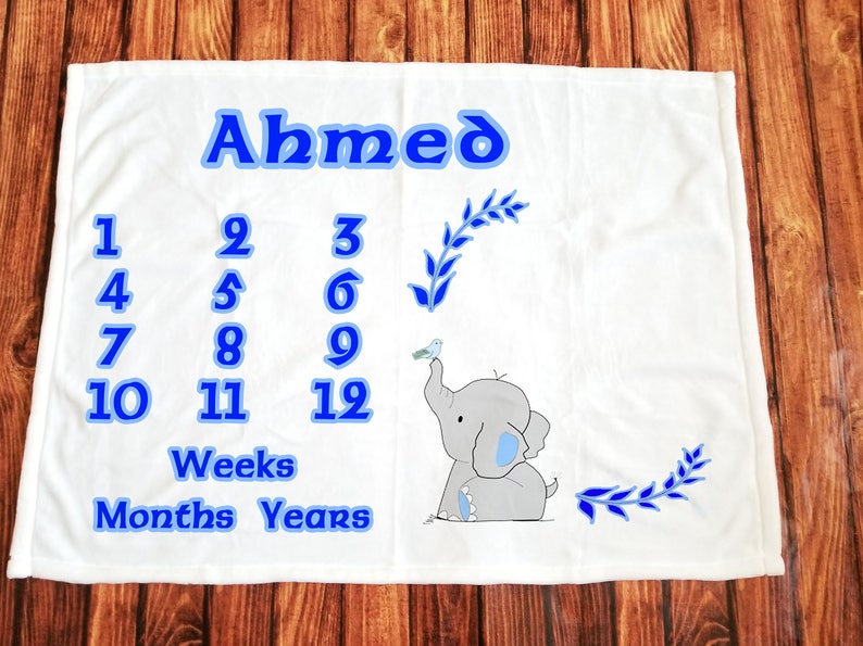 Blue Elephant Monthly Milestone Super Soft Minky Baby Blanket-Sherpa-Custom Printed-Personalized-Boy