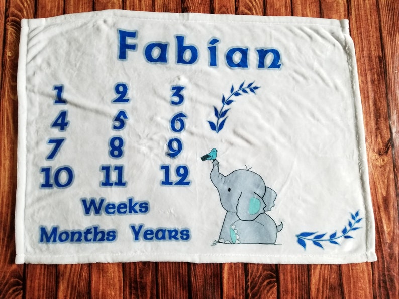 Blue Elephant Monthly Milestone Super Soft Minky Baby Blanket-Sherpa-Custom Printed-Personalized-Boy