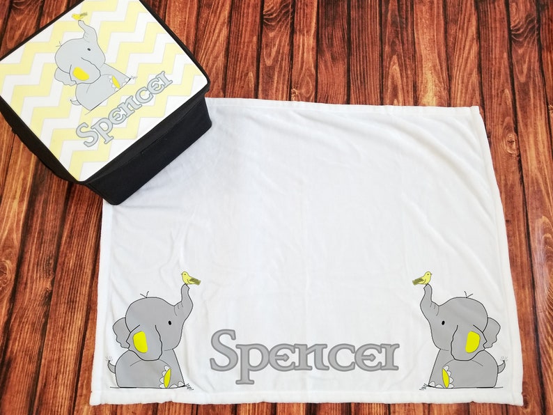 Yellow and Grey Elephant Super Soft Minky Baby Blanket-Storage Bin-Personalized-Custom-Sherpa