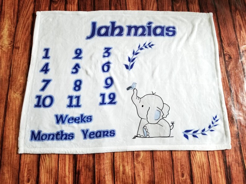 Blue Elephant Monthly Milestone Super Soft Minky Baby Blanket-Sherpa-Custom Printed-Personalized-Boy