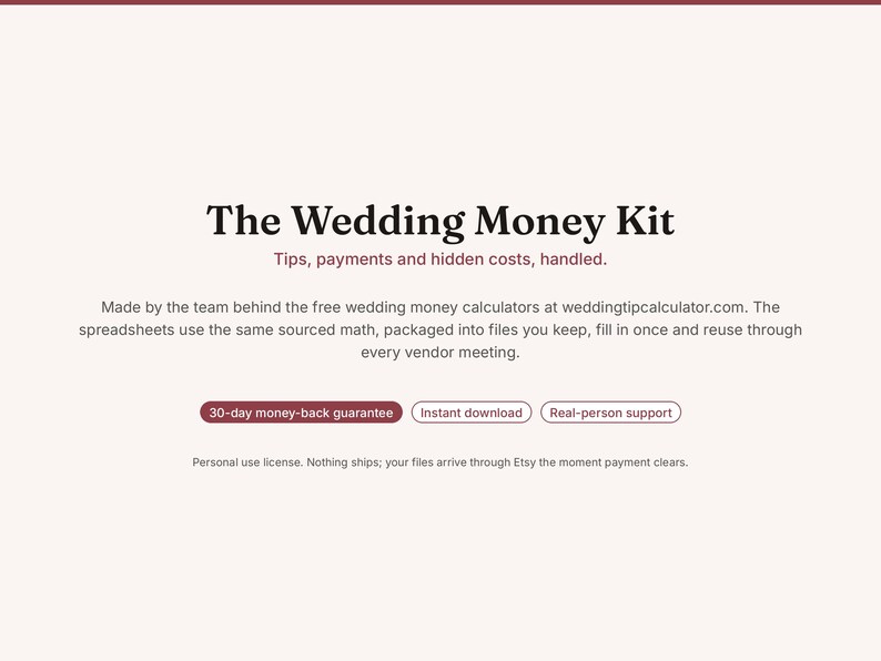 May include: The Wedding Money Kit digital product information page featuring the text: The Wedding Money Kit, Tips, payments and hidden costs, handled. Made by the team behind the free wedding money calculators at weddingtipcalculator.com.