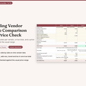 May include: A digital wedding vendor quote comparison and price check spreadsheet template for Excel and Google Sheets. The document features a table comparing four vendor quotes, including base prices, hours, add-ons, taxes, and total cost calculations.