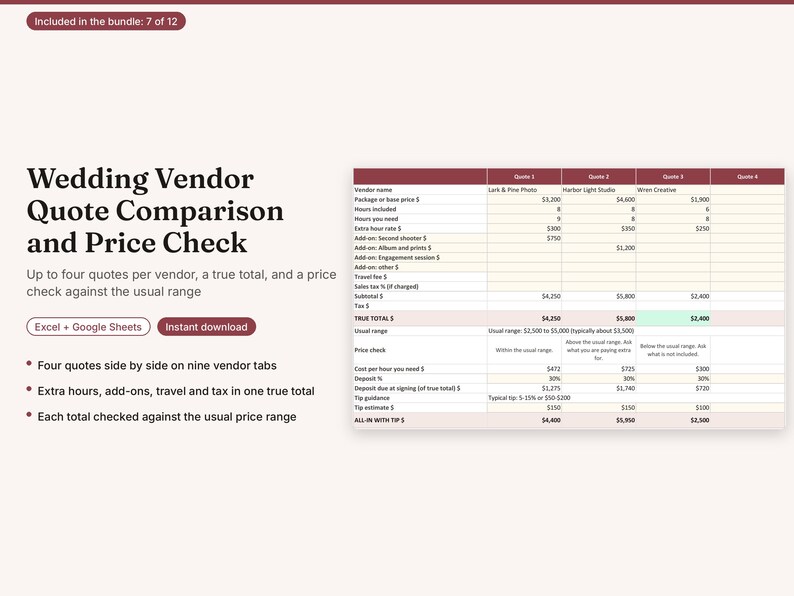 May include: A digital wedding vendor quote comparison and price check spreadsheet template for Excel and Google Sheets. The document features a table comparing four vendor quotes, including base prices, hours, add-ons, taxes, and total cost calculations.