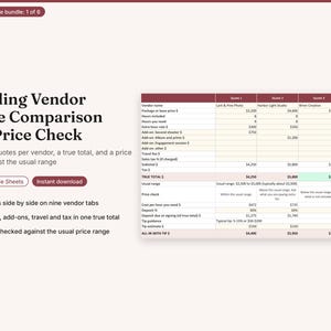 May include: A digital spreadsheet template titled Wedding Vendor Quote Comparison and Price Check. The layout includes a table for comparing four vendor quotes, calculating true totals, and checking prices against typical ranges for Excel and Google Sheets.
