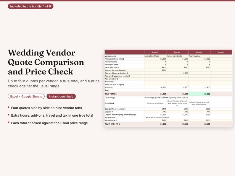 May include: A digital spreadsheet template titled Wedding Vendor Quote Comparison and Price Check. The layout includes a table for comparing four vendor quotes, calculating true totals, and checking prices against typical ranges for Excel and Google Sheets.
