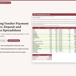 May include: A digital wedding vendor payment tracker spreadsheet featuring columns for vendor names, contracted totals, deposits, dates, and balances. The table uses colour-coded rows in rose, amber, and green to indicate payment status and due dates.