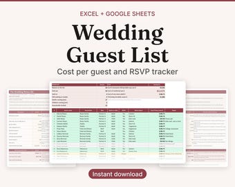 Hoja de cálculo para la lista de invitados a la boda, registro de confirmaciones de asistencia, plantilla de coste por invitado (Excel/Google Sheets)