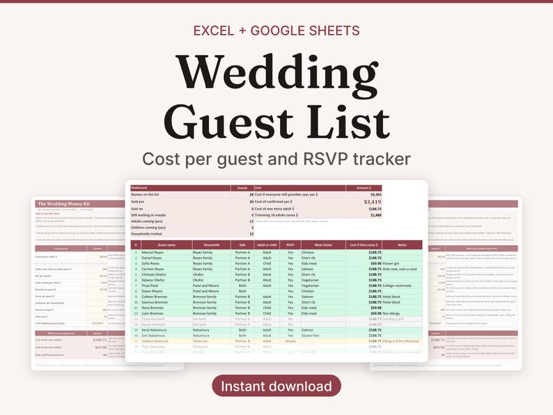 May include: A digital wedding guest list tracker for Excel and Google Sheets featuring a maroon and light green colour scheme. The spreadsheet includes columns for guest names, household, side, adult or child status, RSVP, meal choice, cost, and notes.