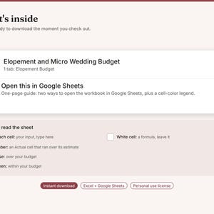 May include: A digital product listing titled What's inside, featuring an Elopement and Micro Wedding Budget XLSX file and a PDF guide for Google Sheets. Includes a color-coded legend for peach, amber, rose, green, and white cells.