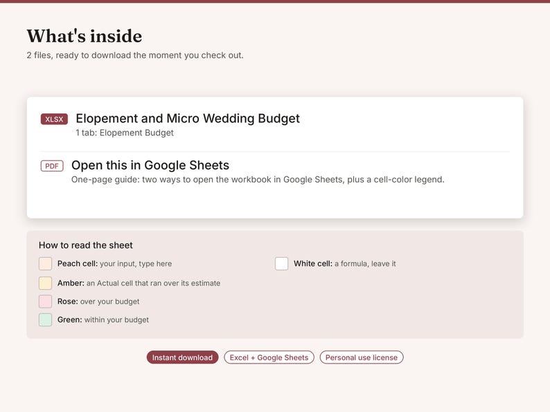 May include: A digital product listing titled What's inside, featuring an Elopement and Micro Wedding Budget XLSX file and a PDF guide for Google Sheets. Includes a color-coded legend for peach, amber, rose, green, and white cells.