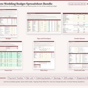 May include: A Complete Wedding Budget Spreadsheet Bundle featuring twelve digital templates and four printable guides. The collection includes trackers for budget, tips, envelopes, vendor quotes, guest lists, who pays, food, cake, payments, bars, catering, savings, and gifts.
