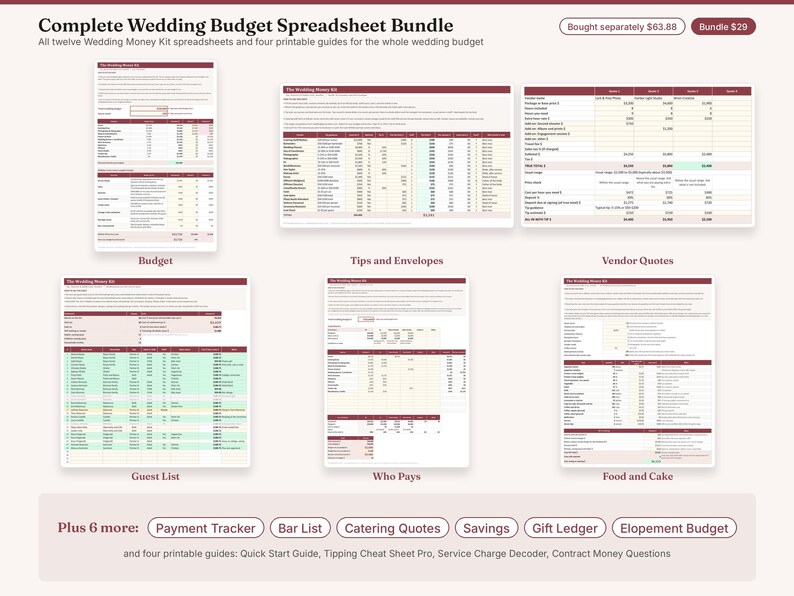 May include: A Complete Wedding Budget Spreadsheet Bundle featuring twelve digital templates and four printable guides. The collection includes trackers for budget, tips, envelopes, vendor quotes, guest lists, who pays, food, cake, payments, bars, catering, savings, and gifts.