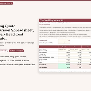 May include: A digital catering quote comparison spreadsheet and per-head cost calculator titled The Wedding Money Kit. The interface displays columns for four caterers, input fields for guest count, and formulas for service charges and taxes.