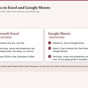 May include: An informational graphic titled Works in Excel and Google Sheets, detailing instructions for twelve .xlsx files. It features two white boxes with steps for Microsoft Excel and Google Sheets, plus a footer note about requesting a private link.