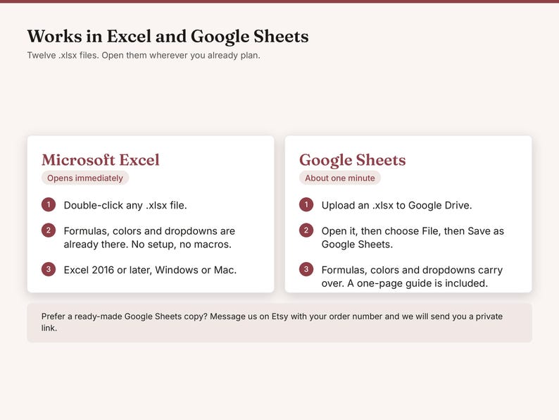 May include: An informational graphic titled Works in Excel and Google Sheets, detailing instructions for twelve .xlsx files. It features two white boxes with steps for Microsoft Excel and Google Sheets, plus a footer note about requesting a private link.