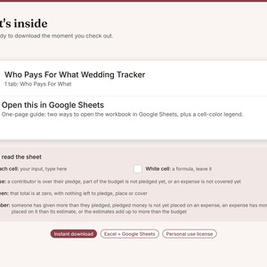 May include: A digital product listing titled What's inside, featuring a Who Pays For What Wedding Tracker spreadsheet and a Google Sheets guide. Includes a color-coded legend for peach, rose, green, and amber cells, plus buttons for instant download, Excel, and personal use license.