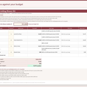 May include: A digital spreadsheet titled The Wedding Money Kit with a maroon header. It features columns for vendor categories, selected quotes, vendor names, totals, price checks, deposits, and tips, with a budget input field set to $11,000.