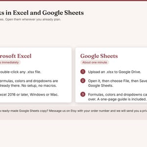 May include: An informational graphic titled Works in Excel and Google Sheets. It outlines instructions for using .xlsx files in Microsoft Excel and Google Sheets, detailing steps for opening, uploading, and saving files across both software platforms.