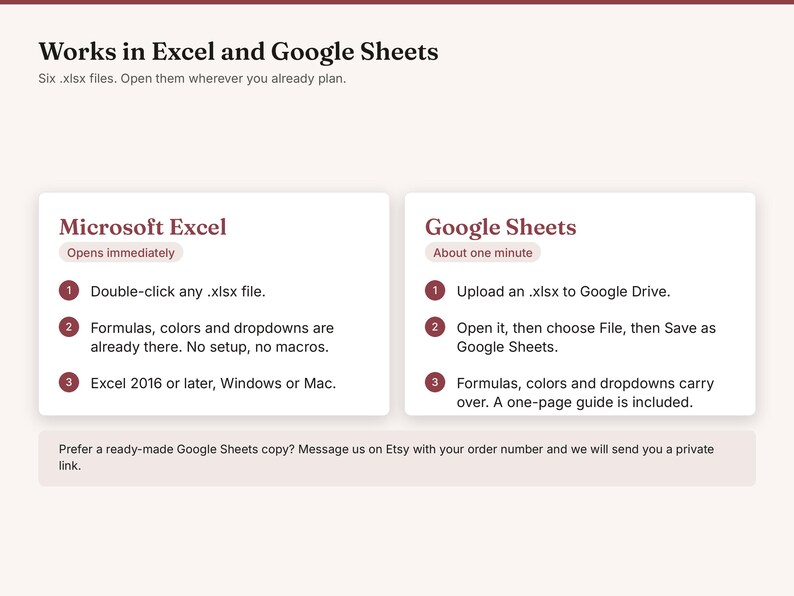 May include: An informational graphic titled Works in Excel and Google Sheets. It outlines instructions for using .xlsx files in Microsoft Excel and Google Sheets, detailing steps for opening, uploading, and saving files across both software platforms.