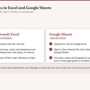 May include: An informational graphic titled Works in Excel and Google Sheets. It provides instructions for using an .xlsx file in Microsoft Excel and Google Sheets, including steps for opening, uploading, and saving the file across platforms.