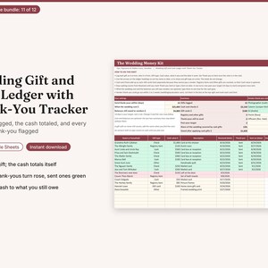 May include: A digital wedding gift and cash ledger spreadsheet with a thank-you tracker. The interface features columns for guest names, gift types, cash values, descriptions, received dates, thank-you status, and notes, with rose and green colour coding.