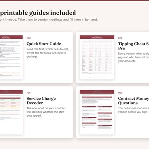 May include: Four printable US Letter guides including a Quick Start Guide, Tipping Cheat Sheet Pro, Service Charge Decoder, and Contract Money Questions. Each document features a maroon header and structured text for vendor meetings and planning.