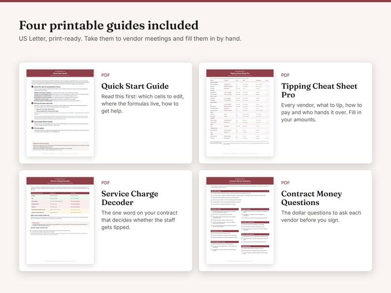 May include: Four printable US Letter guides including a Quick Start Guide, Tipping Cheat Sheet Pro, Service Charge Decoder, and Contract Money Questions. Each document features a maroon header and structured text for vendor meetings and planning.