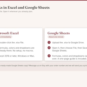 May include: An informational graphic titled Works in Excel and Google Sheets. It provides instructions for using an .xlsx file in Microsoft Excel and Google Sheets, detailing steps for opening, uploading, and saving files across both platforms.