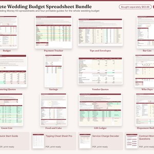 May include: A digital collection titled Complete Wedding Budget Spreadsheet Bundle featuring twelve spreadsheet templates and four printable guides. The documents include tables for budget, payment tracking, vendor quotes, and guest lists with maroon headers.