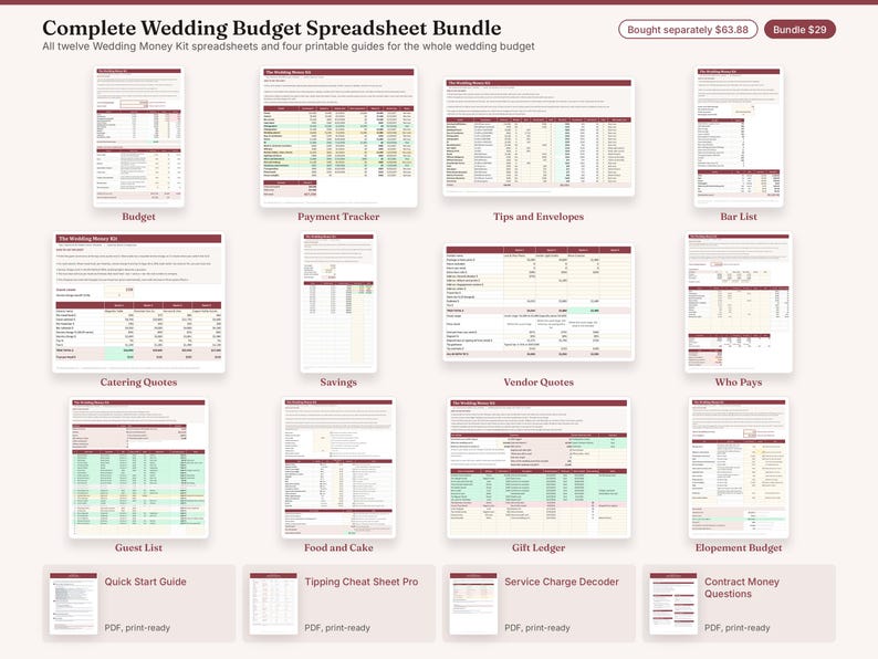 May include: A digital collection titled Complete Wedding Budget Spreadsheet Bundle featuring twelve spreadsheet templates and four printable guides. The documents include tables for budget, payment tracking, vendor quotes, and guest lists with maroon headers.