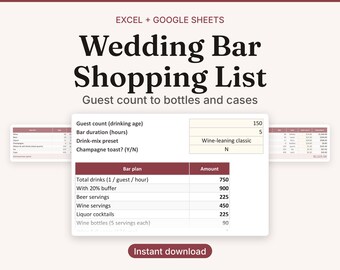 Wedding Bar Shopping List Calculator, Guest Count to Bottles, Cases, Ice (Excel/Google Sheets)